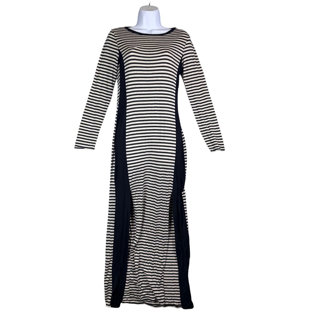 Striped Long Sleeve Maxi Dress Side Slit M Grunge sleek Gothcore Whimsigoth Edgy